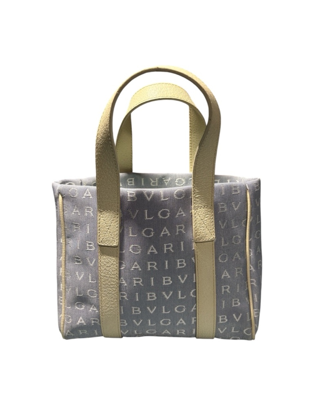 Bvlgari Logomania Mini Tote Bag Blue Canvas Lime Green Lining Italy